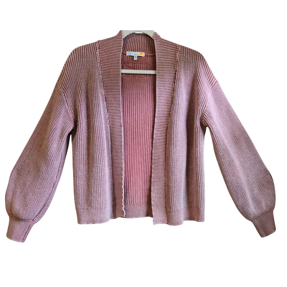 C&C California Womens M Frosted‎ Raspberry Cotton Ribbed Balloon Sleeve Cardigan